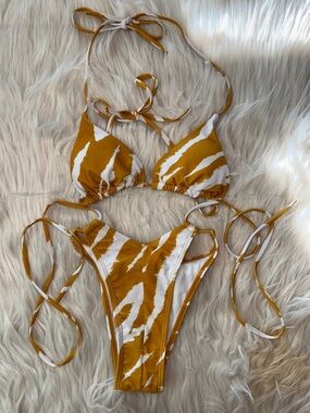 MATTE COLECTION Mustard & White Animal Print Triangle Bikini Sexy Edgy Boho XS